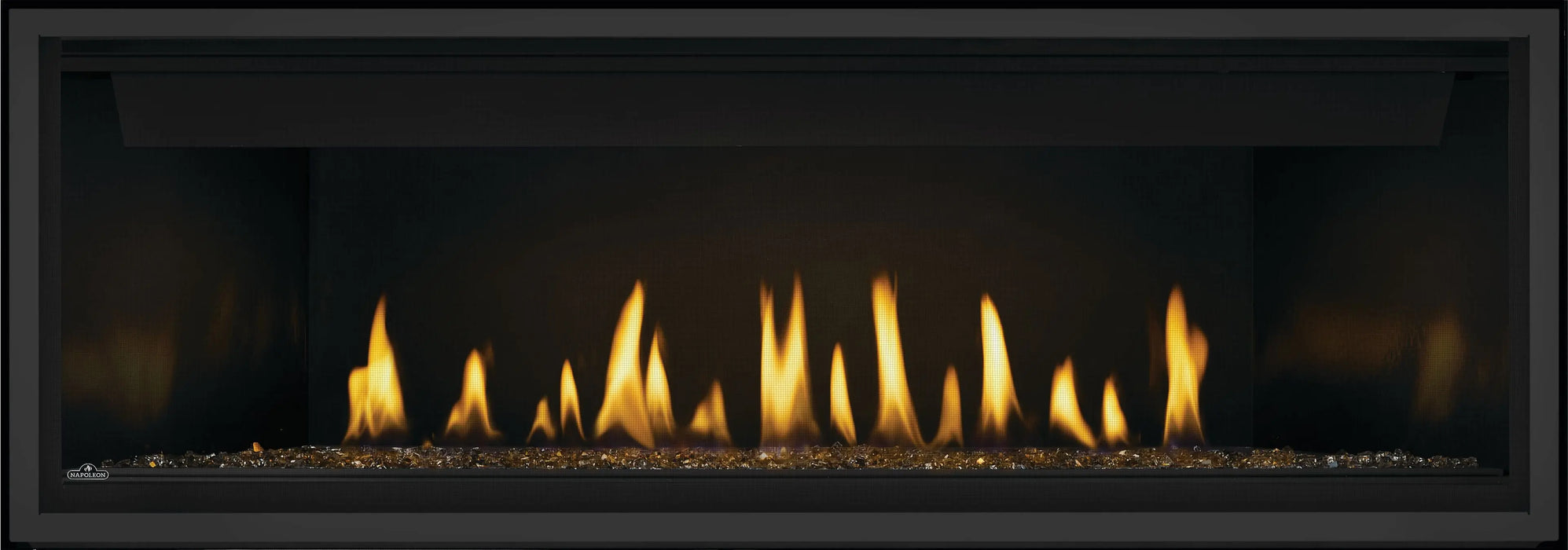 Napoleon Ascent Linear 56 gas fireplace, front view with topaz glass embers