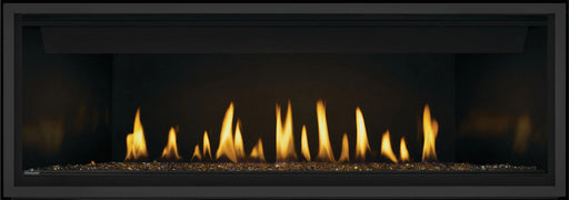 Napoleon Ascent Linear 56 gas fireplace, front view with topaz glass embers