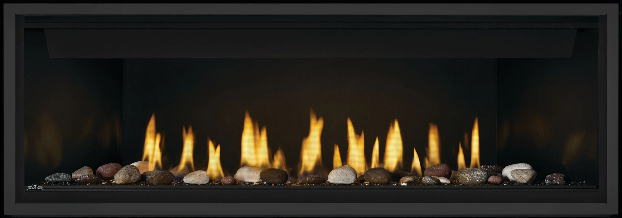 Napoleon Ascent Linear 56 gas fireplace, front view with mineral rocks