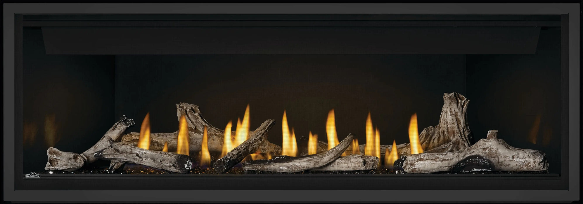 Napoleon Ascent Linear 56 gas fireplace, front view with beach fire media
