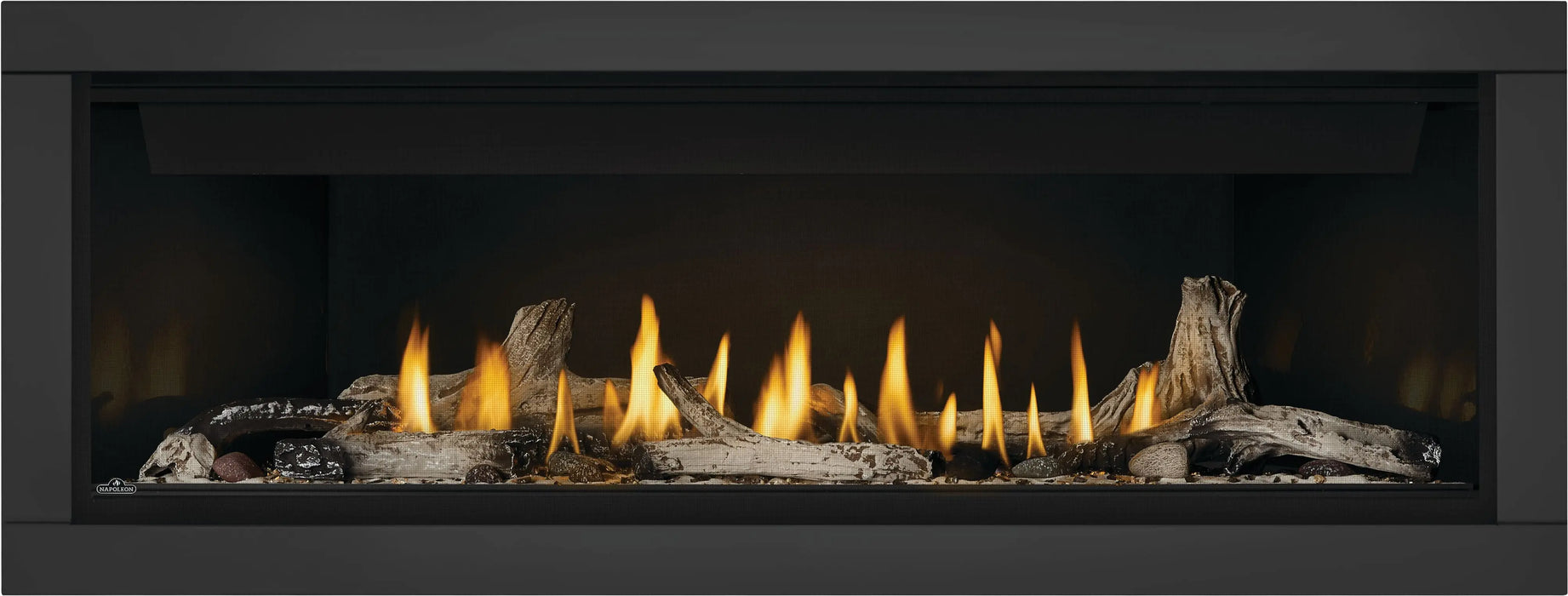 Napoleon Ascent Linear 56 gas fireplace, front view with shore fire media, beach fire media, black surround