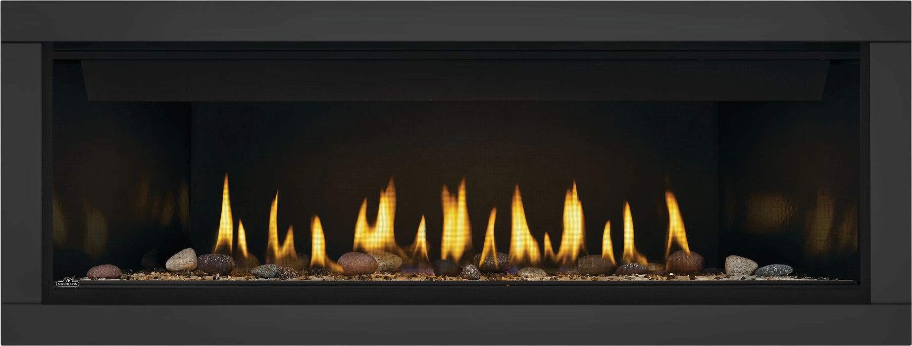 Napoleon Ascent Linear 56 gas fireplace, front view with shore fire media, black surround