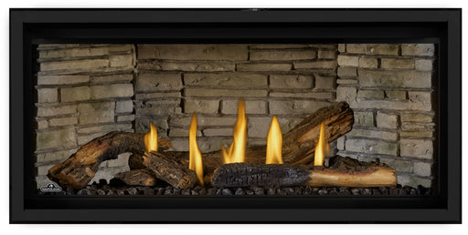 Napoleon Ascent Linear Premium 42 gas fireplace, front view with oak logs
