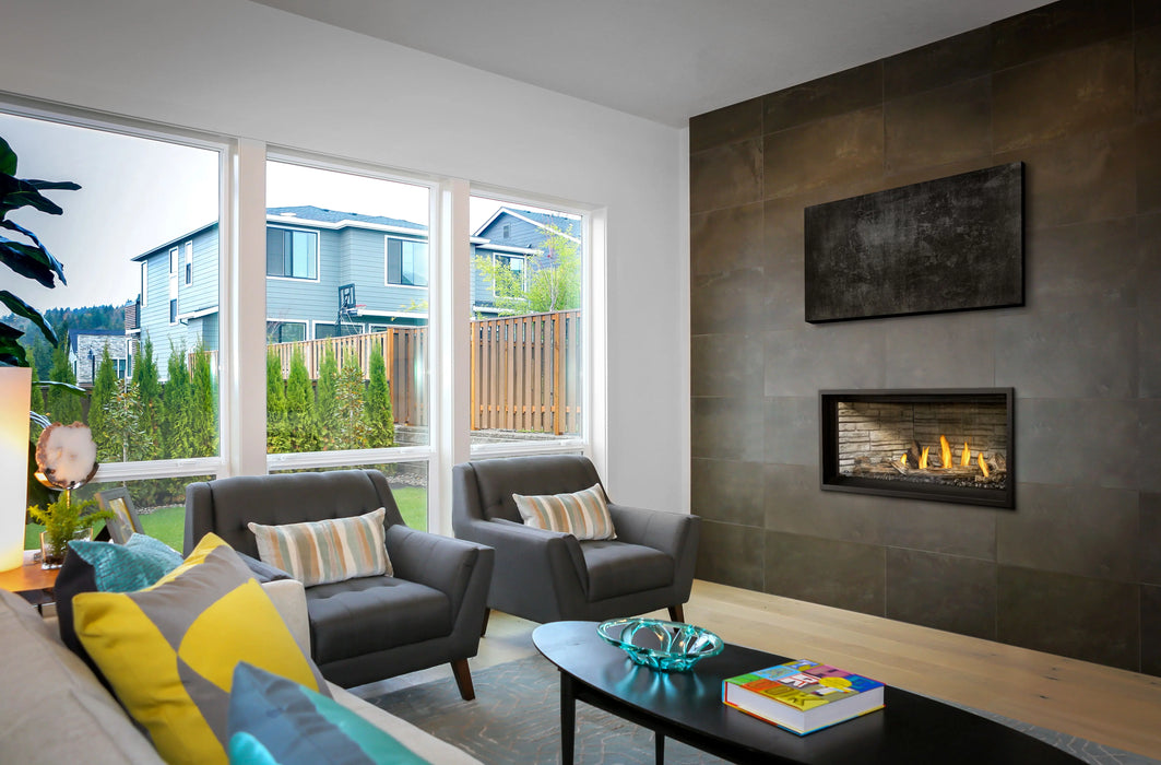 Napoleon Ascent Linear Premium 46 gas fireplace, installed in a room with driftwood logs