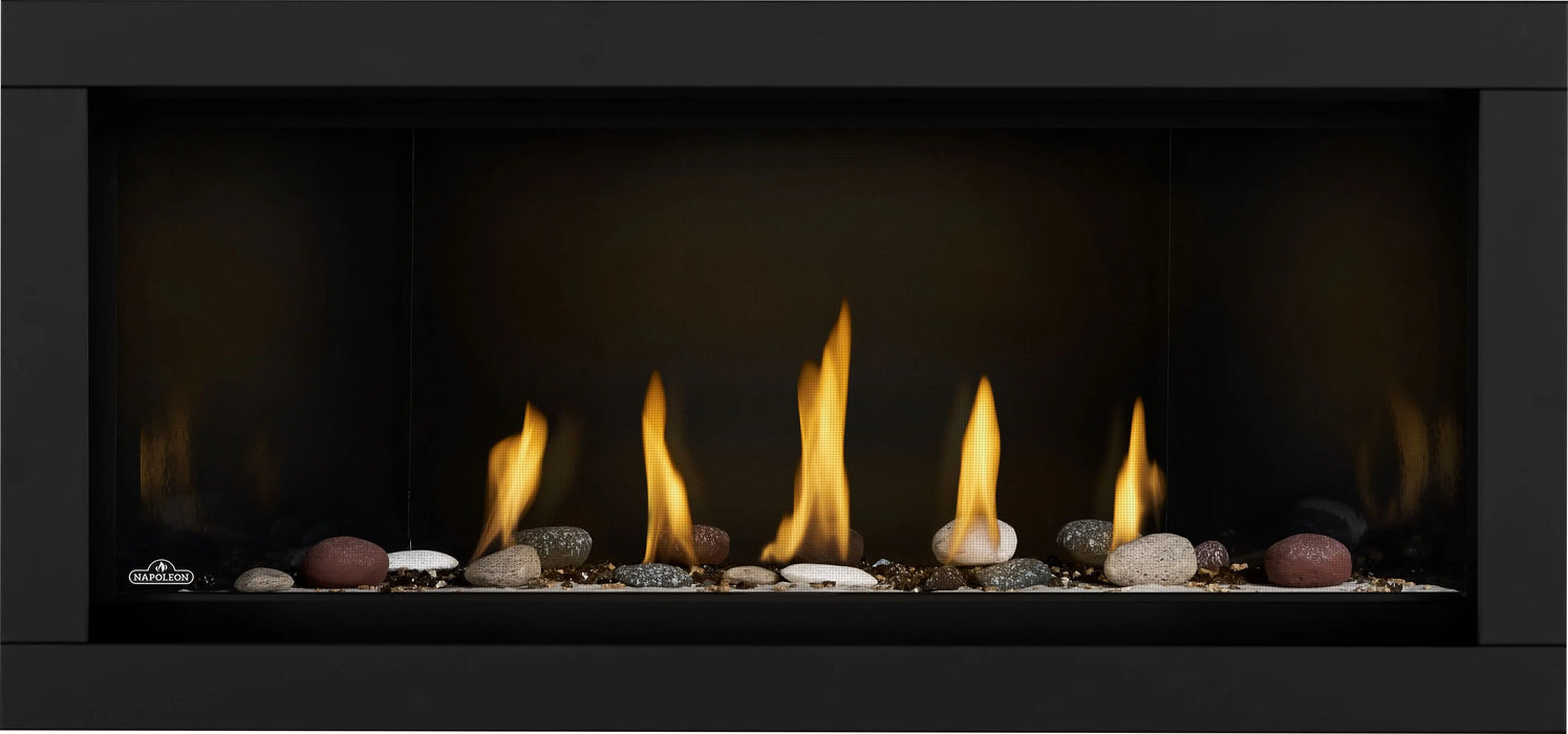 Napoleon Ascent Linear Premium 46 gas fireplace, front view with river rock media