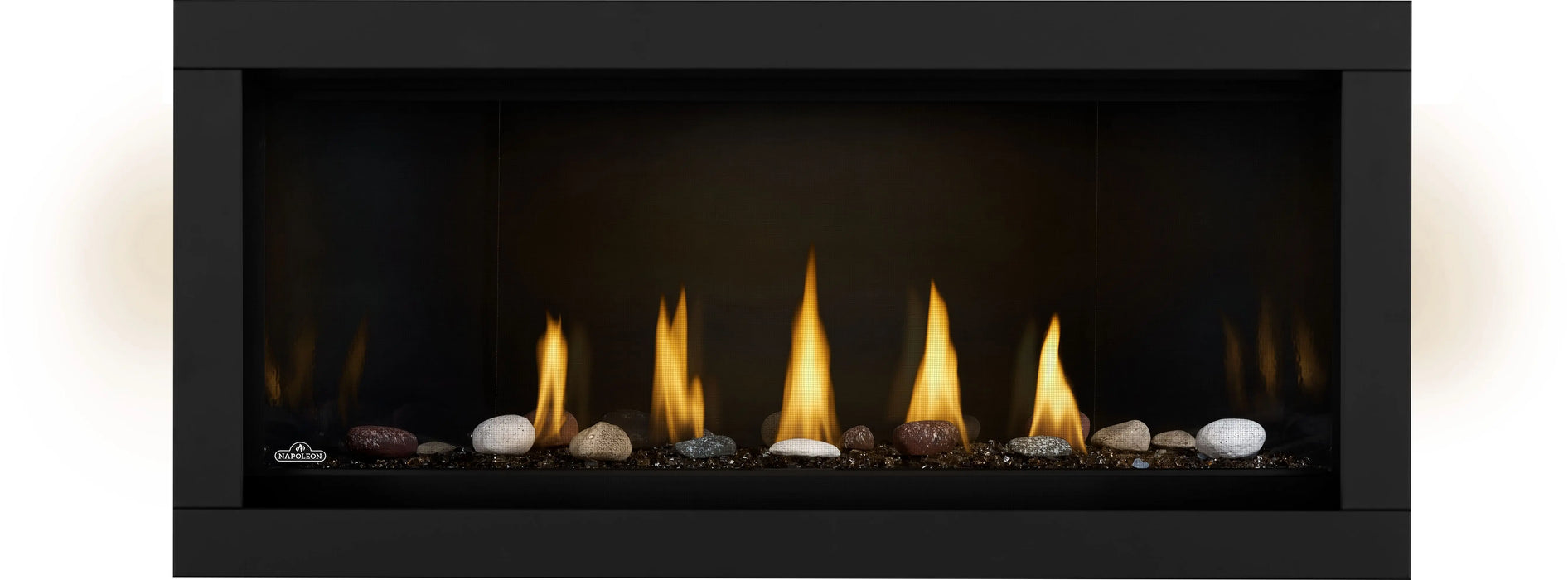 Napoleon Ascent Linear Premium 46 gas fireplace, front view with mineral rocks