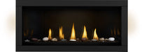 Napoleon Ascent Linear Premium 46 gas fireplace, front view with mineral rocks