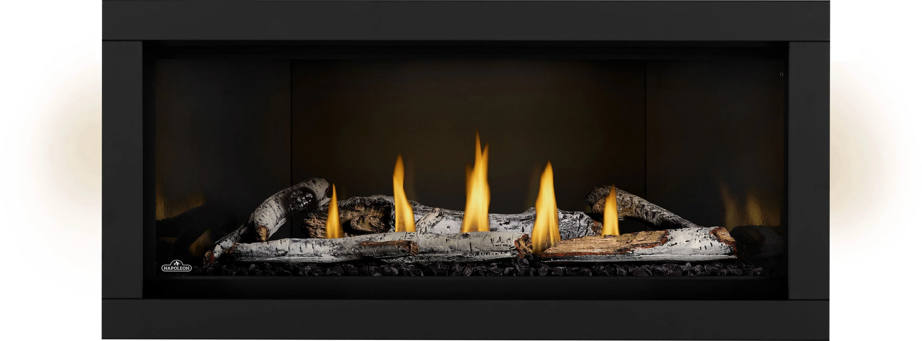 Napoleon Ascent Linear Premium 46 gas fireplace, front view with birch logs