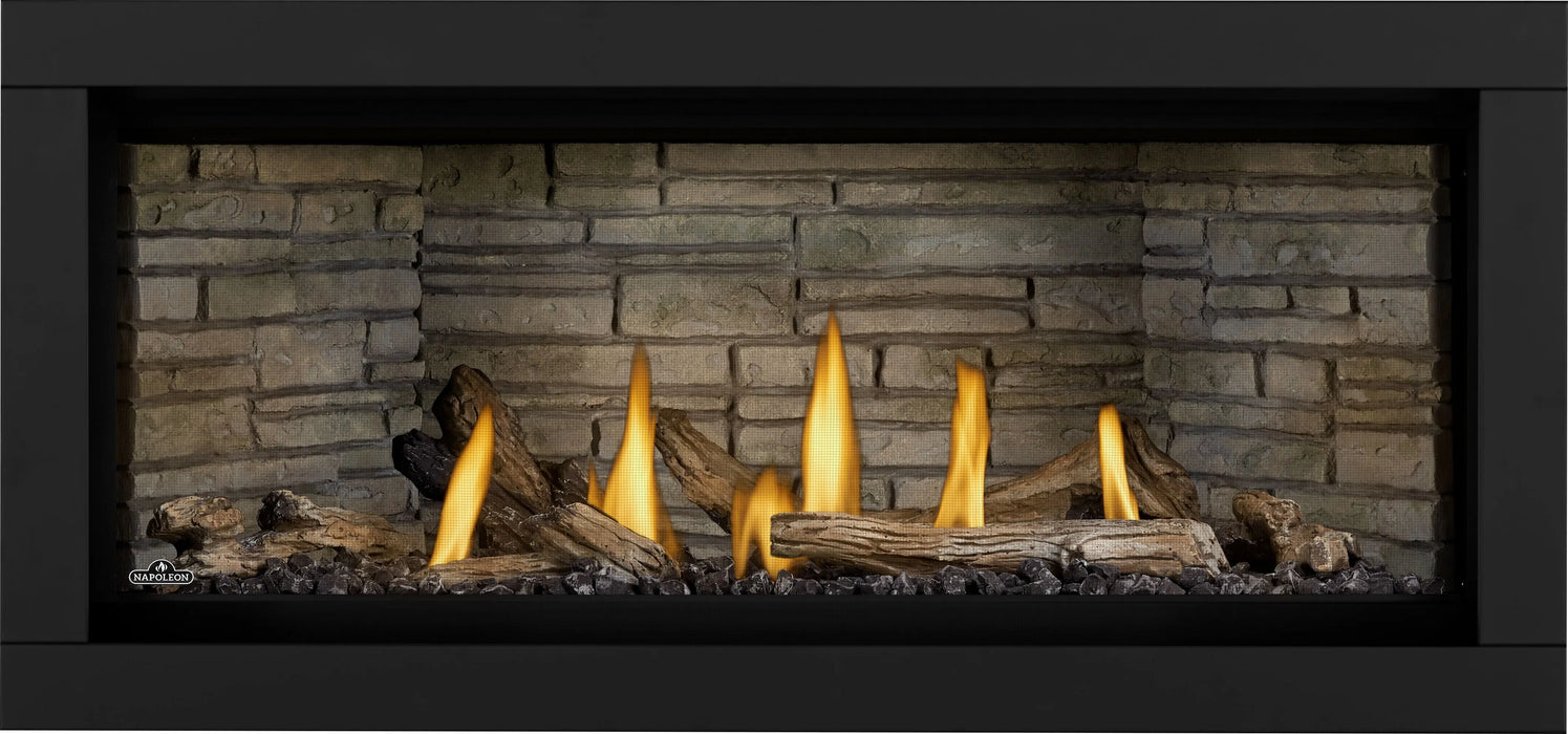 Napoleon Ascent Linear Premium 46 gas fireplace, front view with driftwood logs