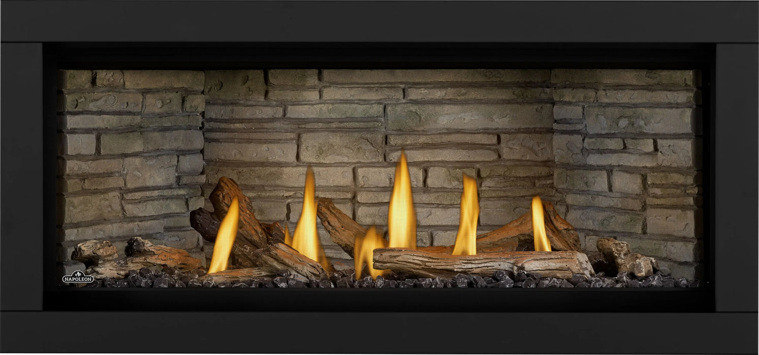 Napoleon Ascent Linear Premium 46 gas fireplace, front view with driftwood logs, night light on