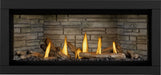 Napoleon Ascent Linear Premium 46 gas fireplace, front view with driftwood logs, night light on