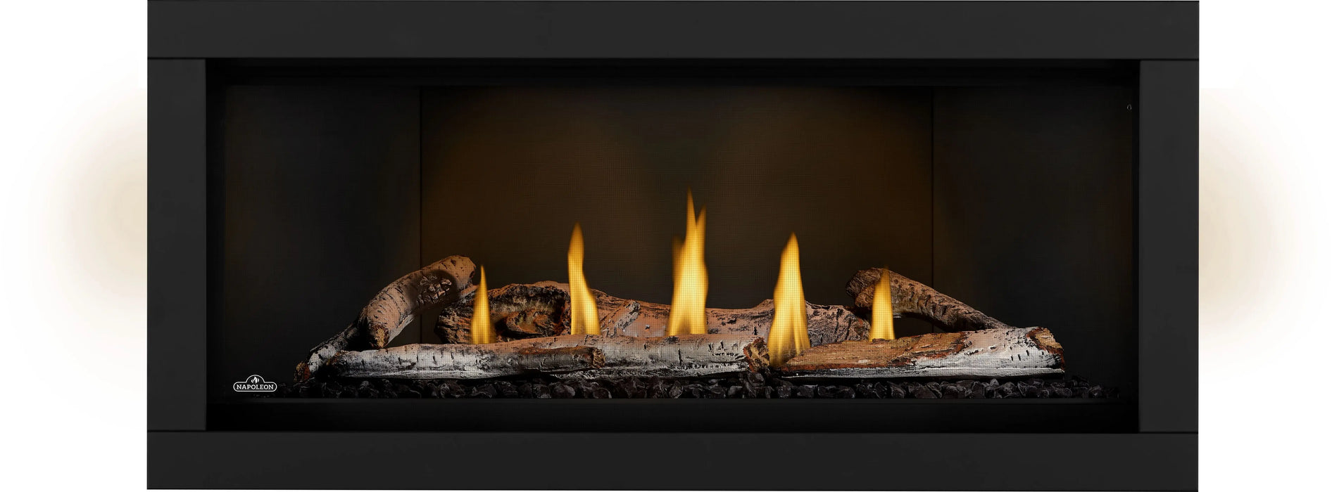 Napoleon Ascent Linear Premium 46 gas fireplace, front view with birch logs, night light on