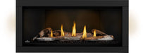 Napoleon Ascent Linear Premium 46 gas fireplace, front view with birch logs, night light on