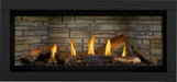 Napoleon Ascent Linear Premium 46 gas fireplace, front view with oak logs, night light on