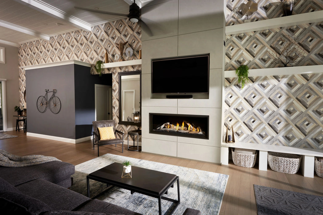 Napoleon Ascent Linear Premium 56 gas fireplace, installed in a room with birch logs