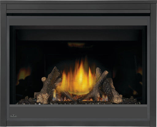 Napoleon Ascent X 42 gas fireplace, front view with oak logs and porcelain panels