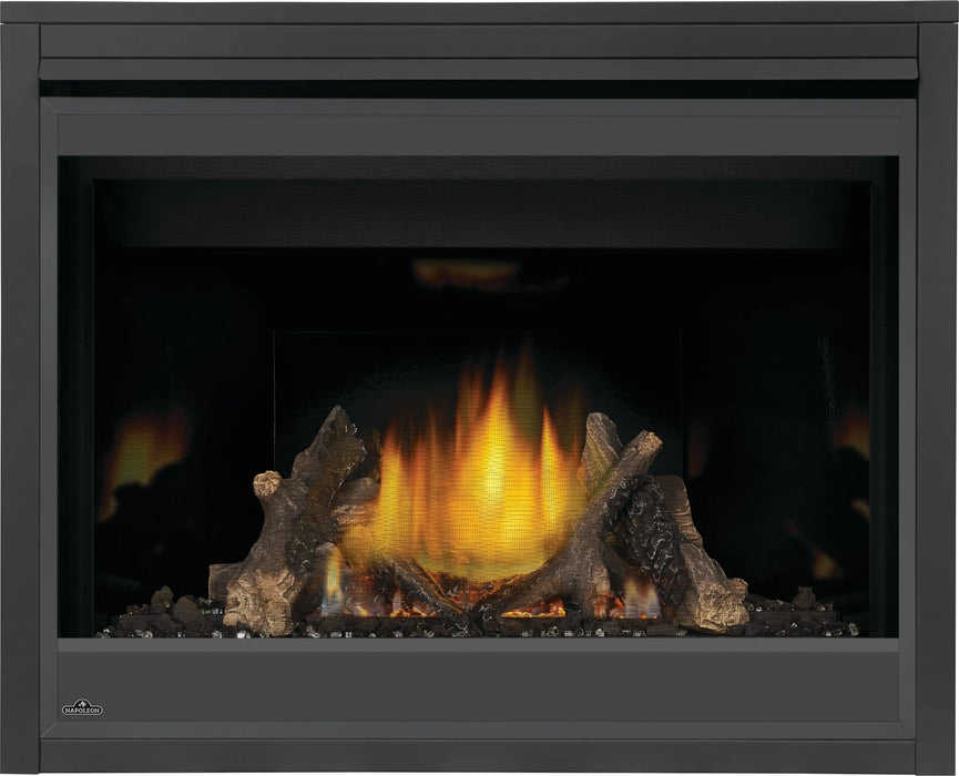 Napoleon Ascent X 42 gas fireplace, front view with oak logs and porcelain panels