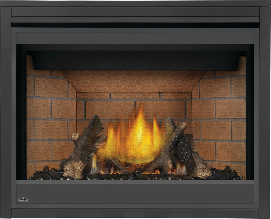 Napoleon Ascent X 42 gas fireplace, front view with oak logs and decorative brick panels