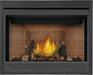 Napoleon Ascent X 42 gas fireplace, front view with oak logs and decorative brick panels
