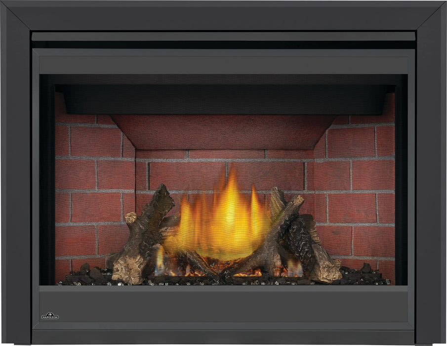 Napoleon Ascent X 42 gas fireplace, front view with oak logs, brick panels and black trim