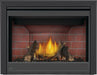 Napoleon Ascent X 42 gas fireplace, front view with oak logs, brick panels and black trim