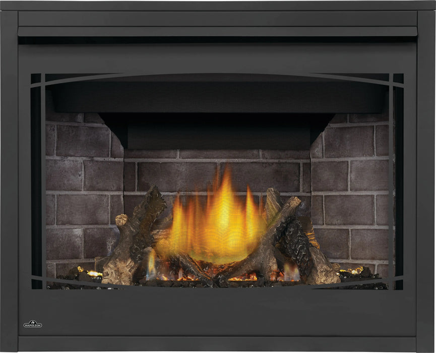 Napoleon Ascent X 42 gas fireplace, front view with oak logs and Zen front, night light on