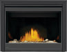 Napoleon Ascent X 42 gas fireplace, front view with logs, shore fire media and black trim, night light on