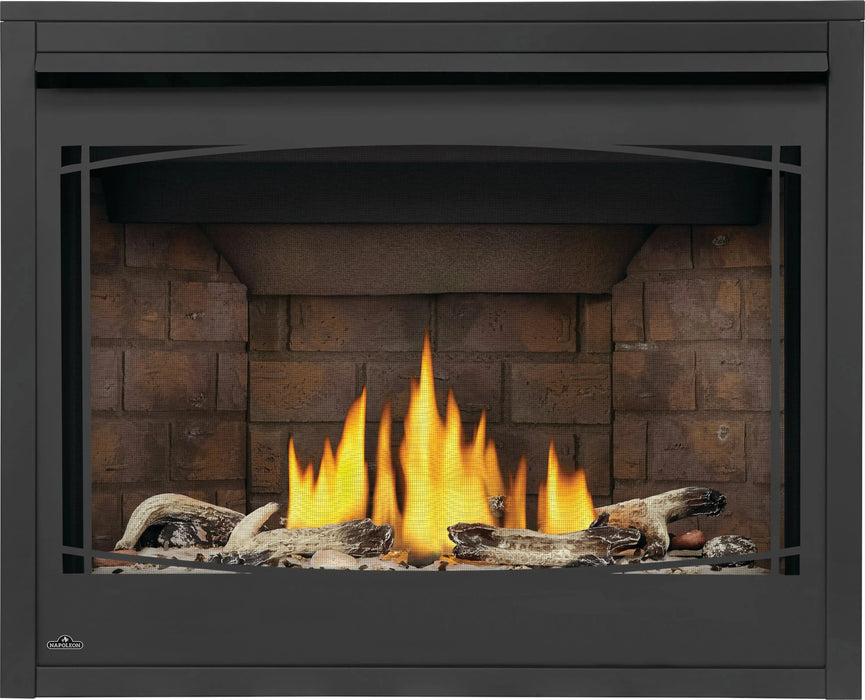 Napoleon Ascent X 42 gas fireplace, front view with logs, beach and shore fire media, night light on
