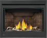 Napoleon Ascent X 42 gas fireplace, front view with logs, beach and shore fire media, night light on