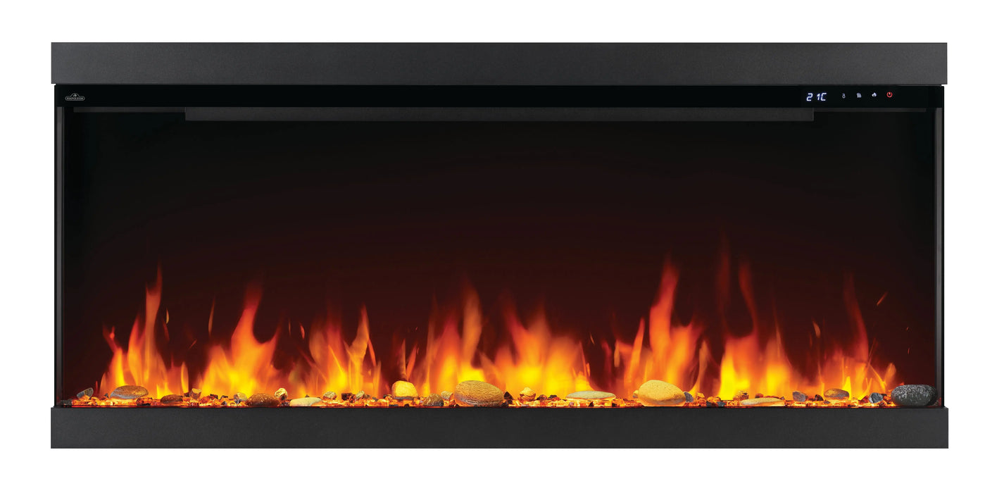 Napoleon Astound 50 FlexMount electric fireplace, front view with woodland logs