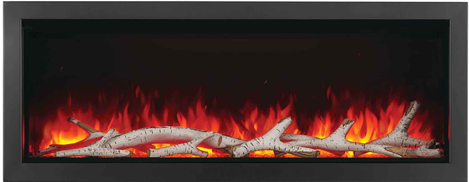 Napoleon Astound 62 built-in electric fireplace, front view with clear glass and birch logs