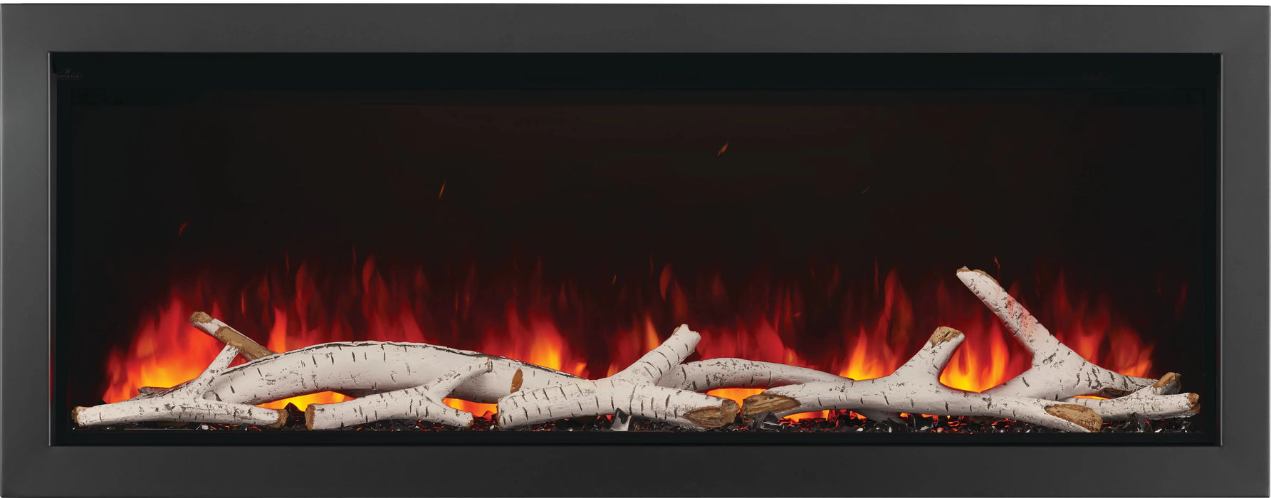 Napoleon Astound 62 built-in electric fireplace, front view with black crystals and birch logs