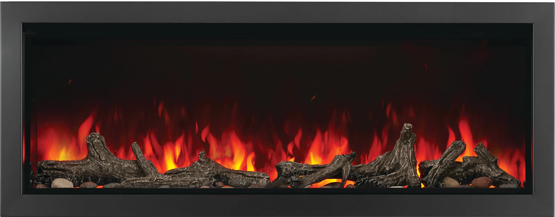 Napoleon Astound 62 built-in electric fireplace, front view with woodland and driftwood logs, orange flame