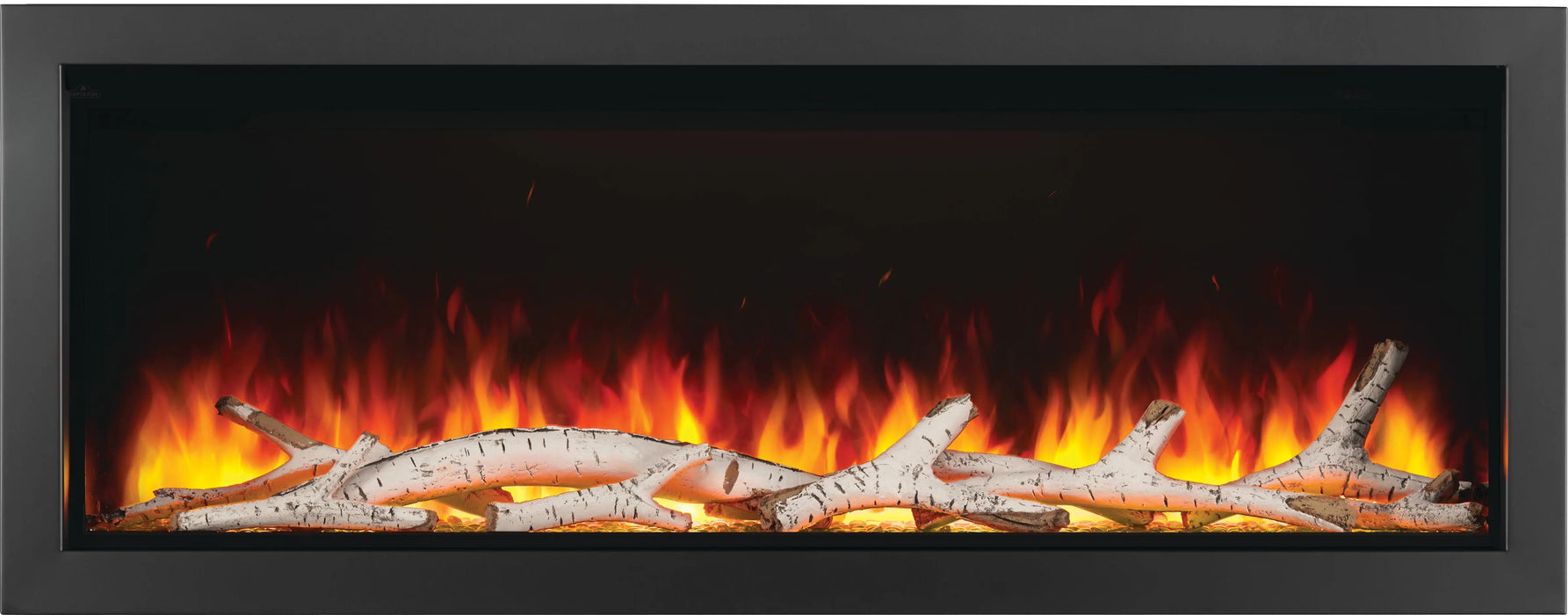 Napoleon Astound 62 built-in electric fireplace, front view with clear glass and birch logs, orange ember bed