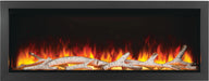 Napoleon Astound 62 built-in electric fireplace, front view with clear glass and birch logs, orange ember bed