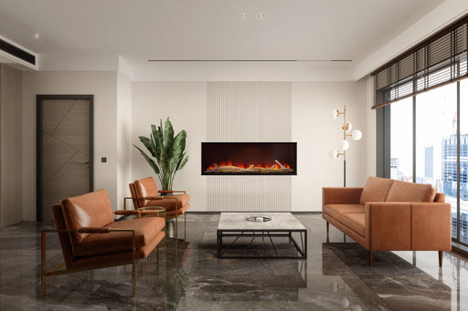 Napoleon Astound 62" Built-in Electric Fireplace - installed in a modern lounge with leather chairs
