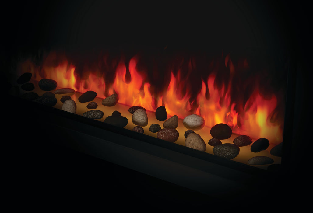Napoleon Astound 62" Built-in Electric Fireplace - close-up of flames over rock media