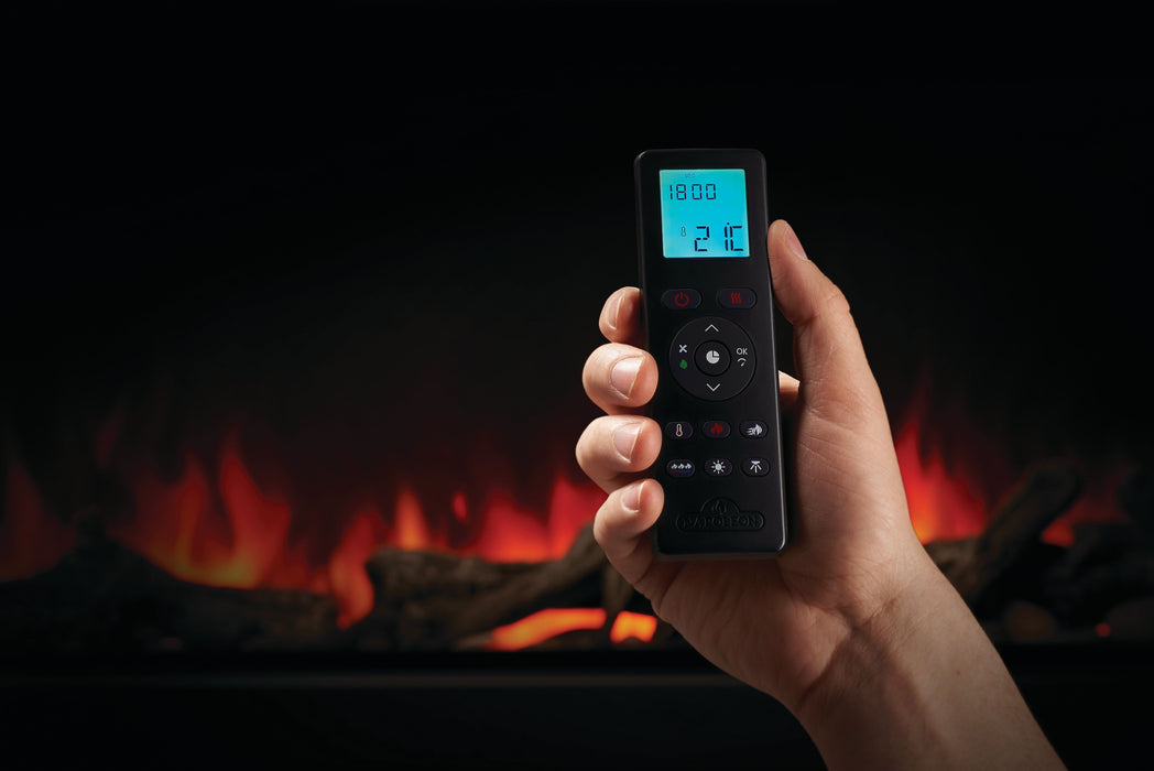 Napoleon Astound 62" Built-in Electric Fireplace - hand holding the remote in front of the flames