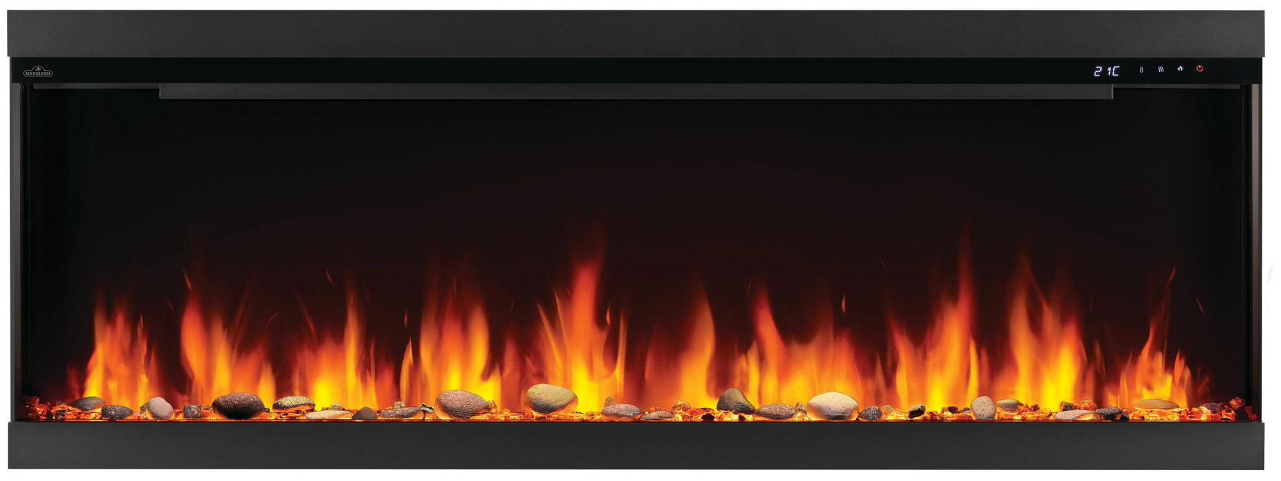 Napoleon Astound 62 FlexMount electric fireplace, front view with woodland logs