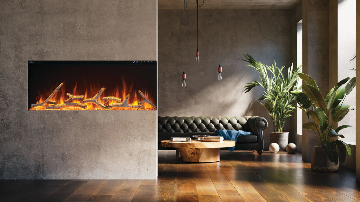 Napoleon Astound 62 FlexMount electric fireplace in a loft with birch logs