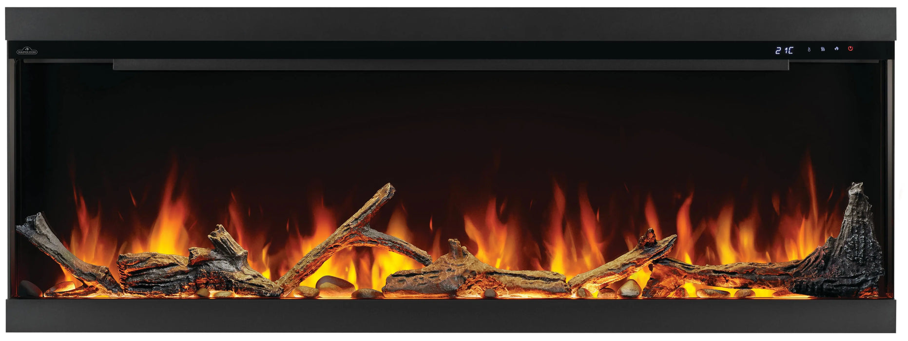 Napoleon Astound 62 FlexMount electric fireplace, front view with mineral rocks