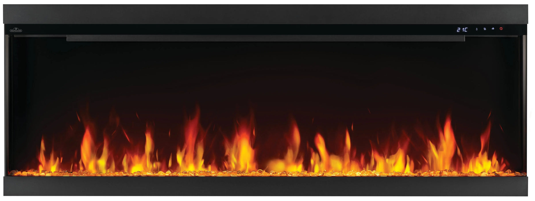 Napoleon Astound 62 FlexMount electric fireplace, front view with clear glass media