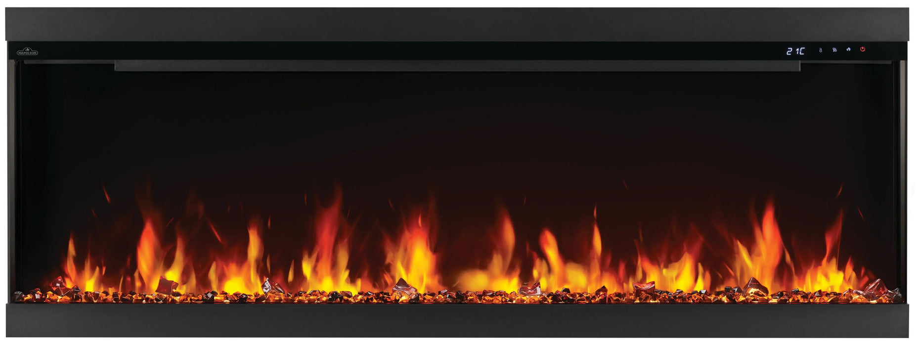 Napoleon Astound 62 FlexMount electric fireplace, front view with black crystals