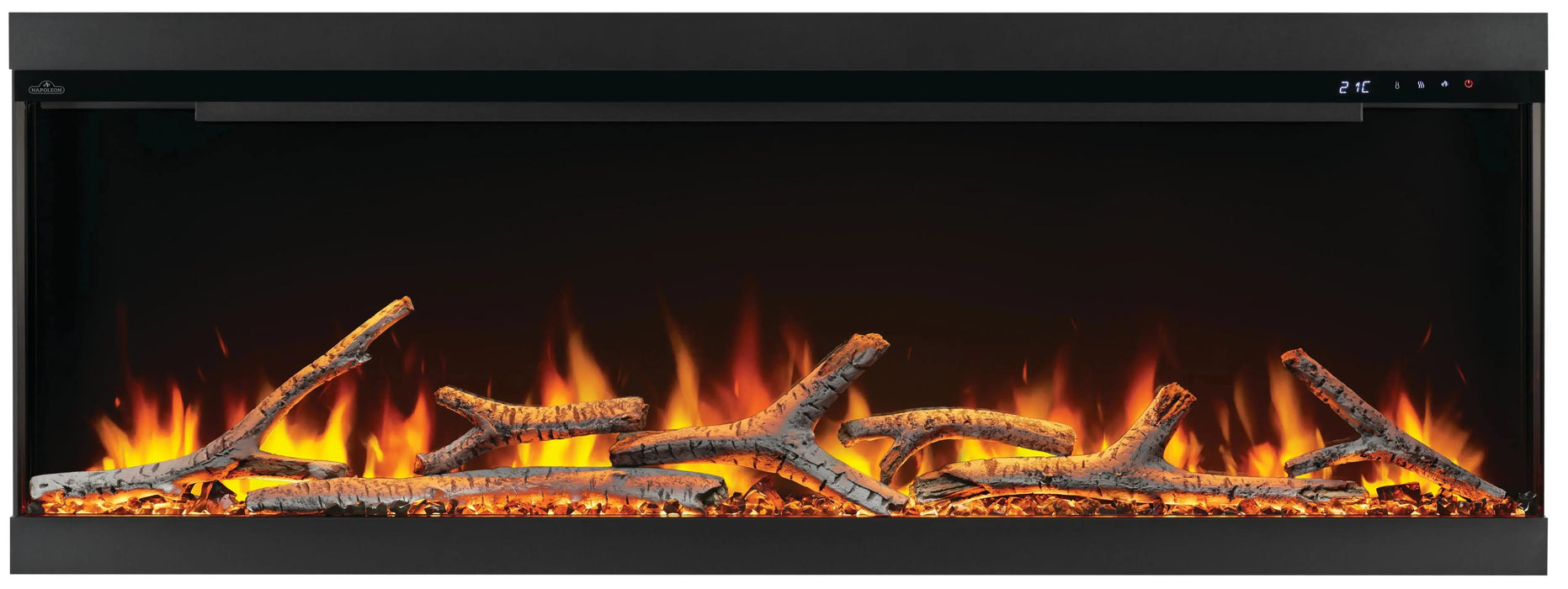 Napoleon Astound 62 FlexMount electric fireplace, front view with birch logs and black crystals