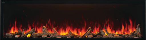 Napoleon Astound 74 built-in electric fireplace, front view with woodland and driftwood logs