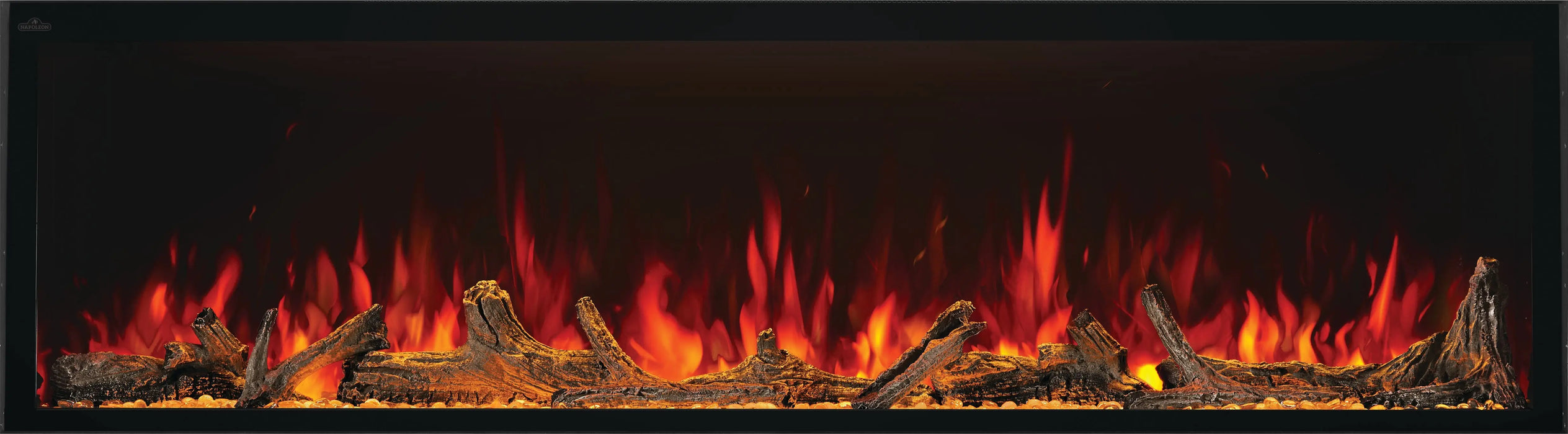 Napoleon Astound 74 built-in electric fireplace, front view with clear glass and driftwood logs