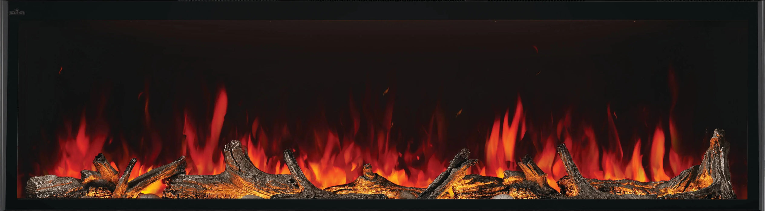 Napoleon Astound 74 built-in electric fireplace, front view with mineral rocks and driftwood logs