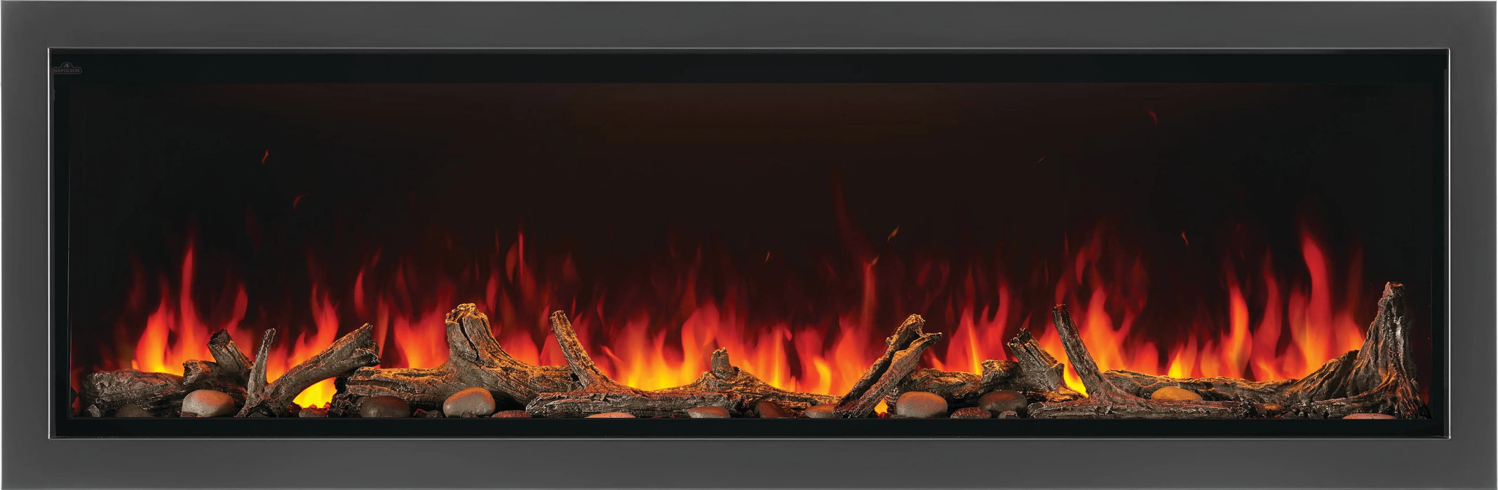 Napoleon Astound 74 built-in electric fireplace with four-sided trim, woodland and driftwood logs