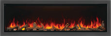 Napoleon Astound 74 built-in electric fireplace with four-sided trim, woodland and driftwood logs
