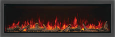 Napoleon Astound 74 built-in electric fireplace with four-sided trim, clear glass and driftwood logs
